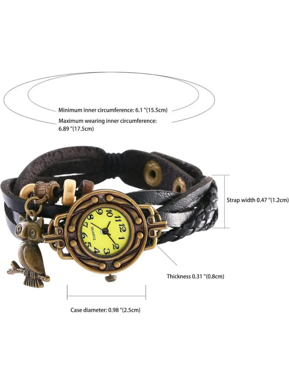 Women's Black Analog Quartz Owl Bracelet Weave Wrap Around Leather Wrist Watch